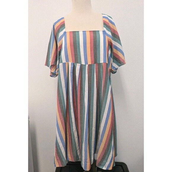 Madewell Festival Multicolored Stripe Cotton Bell Sleeve Dress sz L Boho Beach - Picture 3 of 12